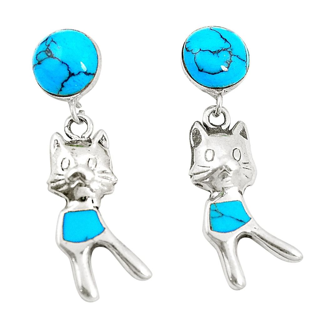 Fine blue turquoise 925 sterling silver cat earrings jewelry a79917