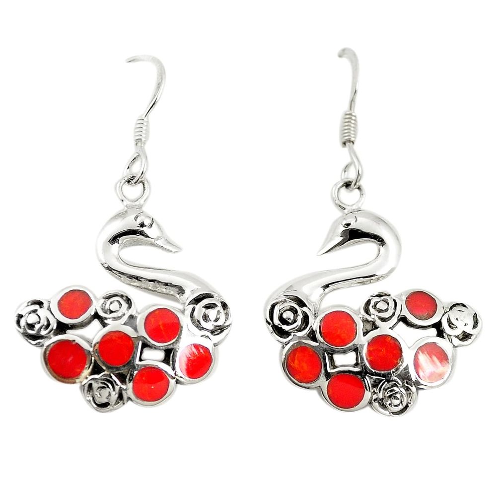 Red coral enamel 925 sterling silver dangle earrings jewelry a79936