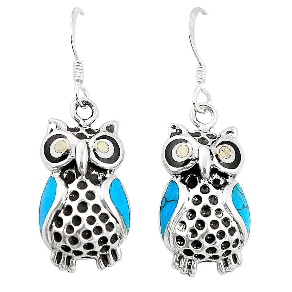 Fine blue turquoise enamel 925 sterling silver owl earrings a79983
