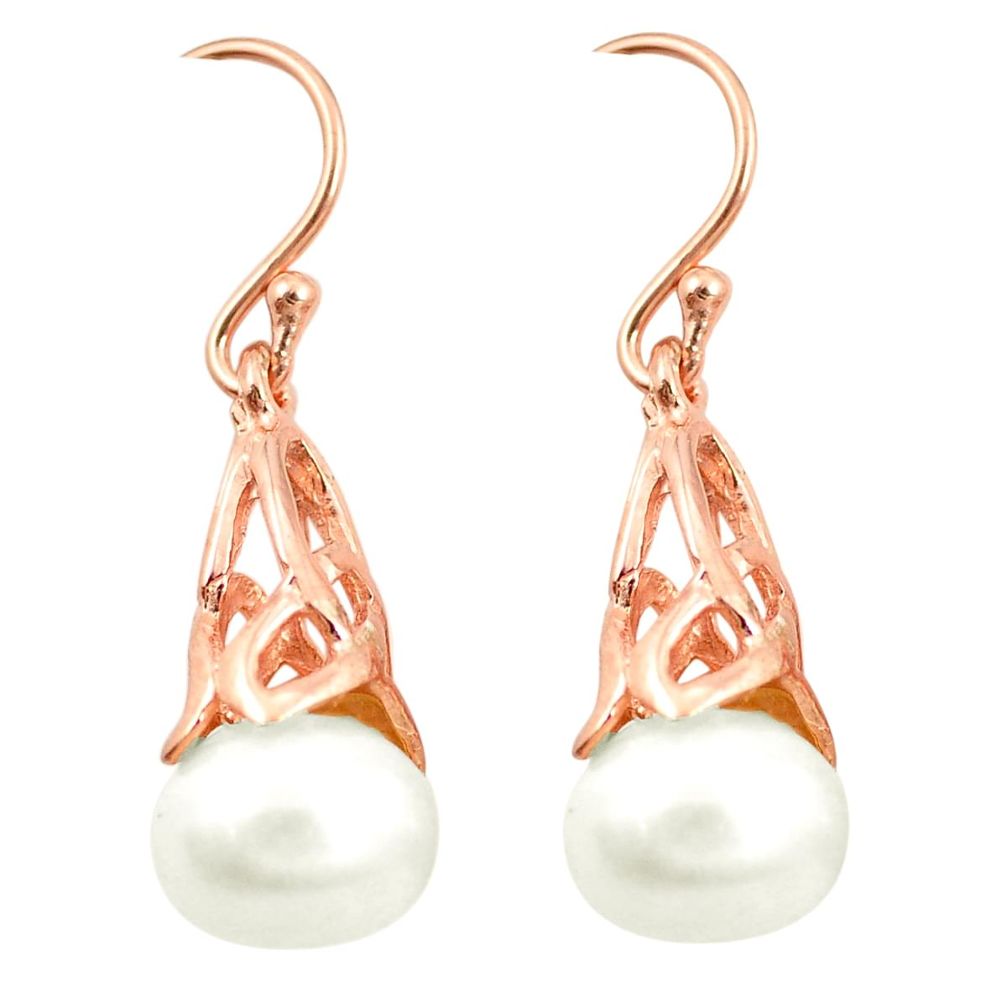 Natural white pearl 925 sterling silver 14k rose gold dangle earrings a80194