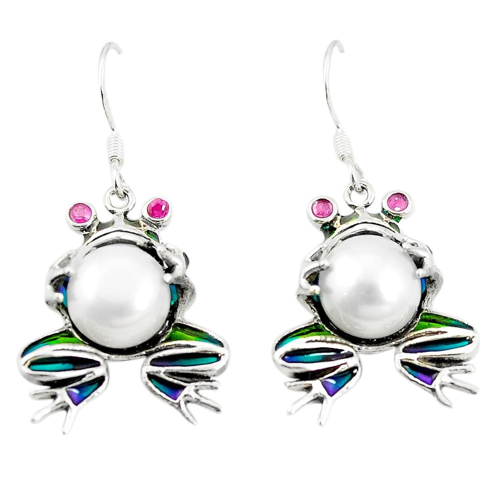 Natural white pearl ruby enamel 925 sterling silver frog earrings a82942