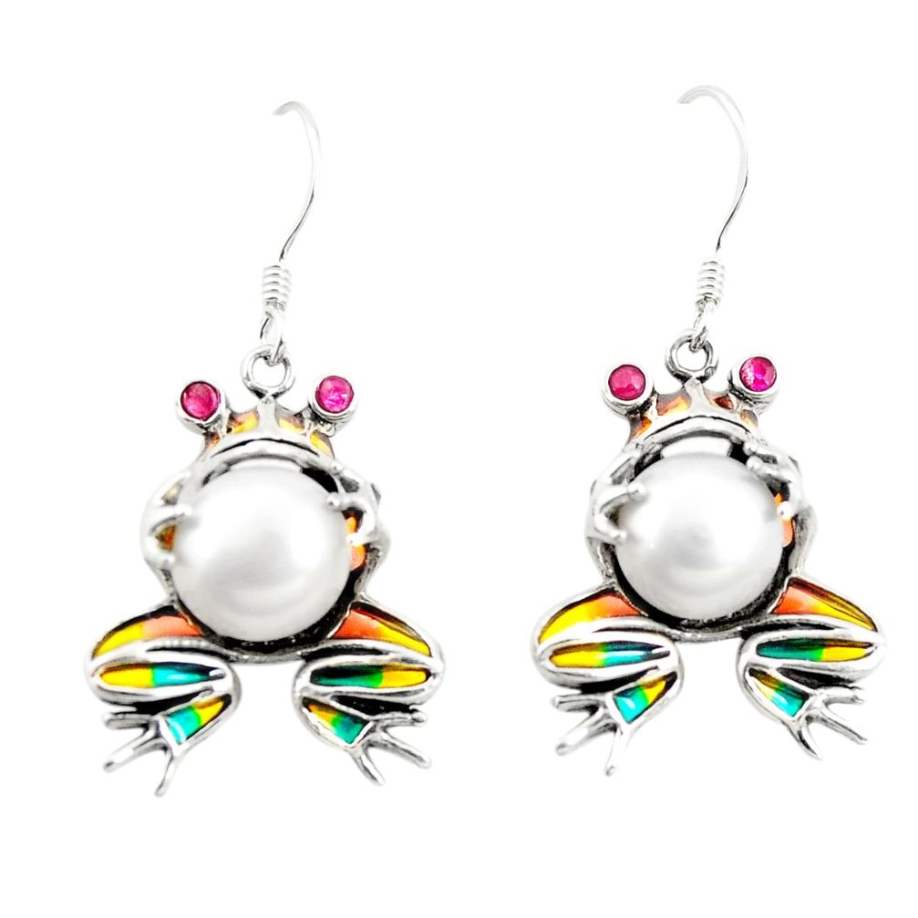 925 sterling silver natural white pearl ruby enamel frog earrings a82945