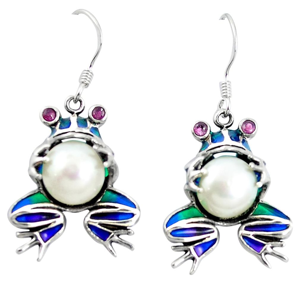 Natural white pearl ruby enamel 925 sterling silver frog earrings a82947