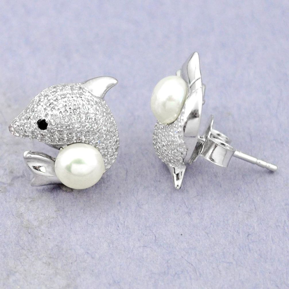 925 sterling silver natural white pearl topaz fish earrings jewelry a83564
