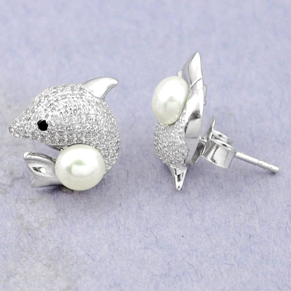 Natural white pearl topaz 925 sterling silver fish earrings a83566