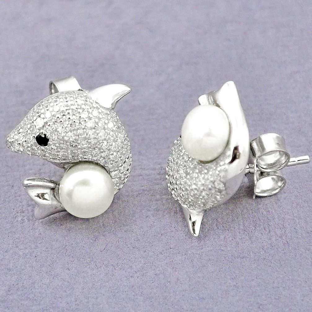 925 sterling silver natural white pearl topaz fish earrings jewelry a83624