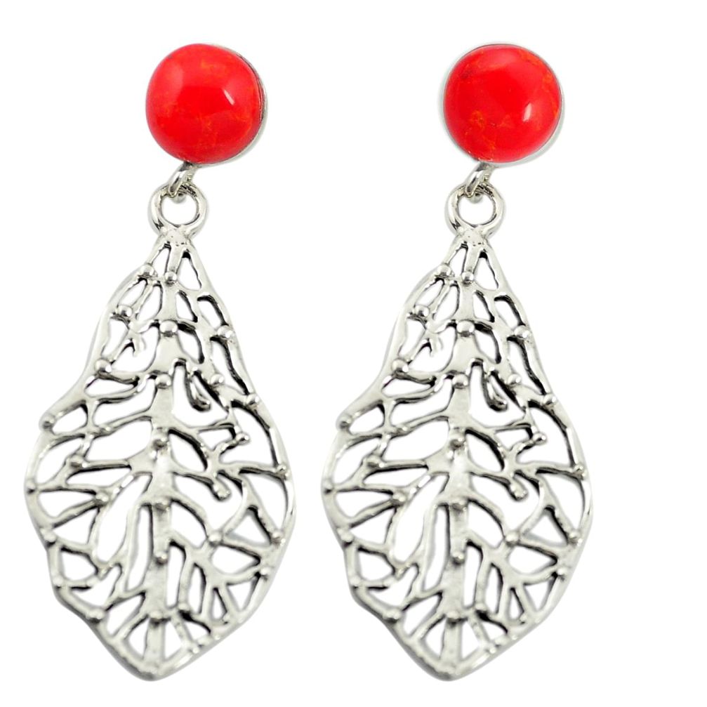 Red coral 925 sterling silver deltoid leaf earrings jewelry a85478