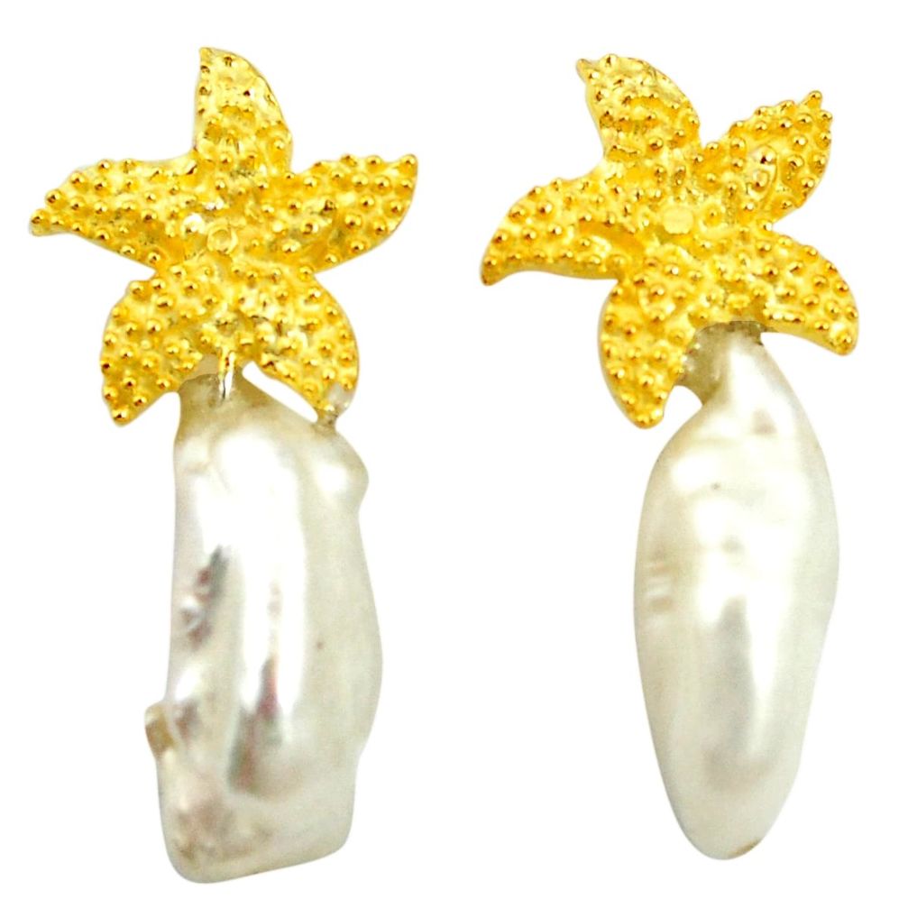 Natural white pearl 925 sterling silver 14k gold star fish earrings a85497