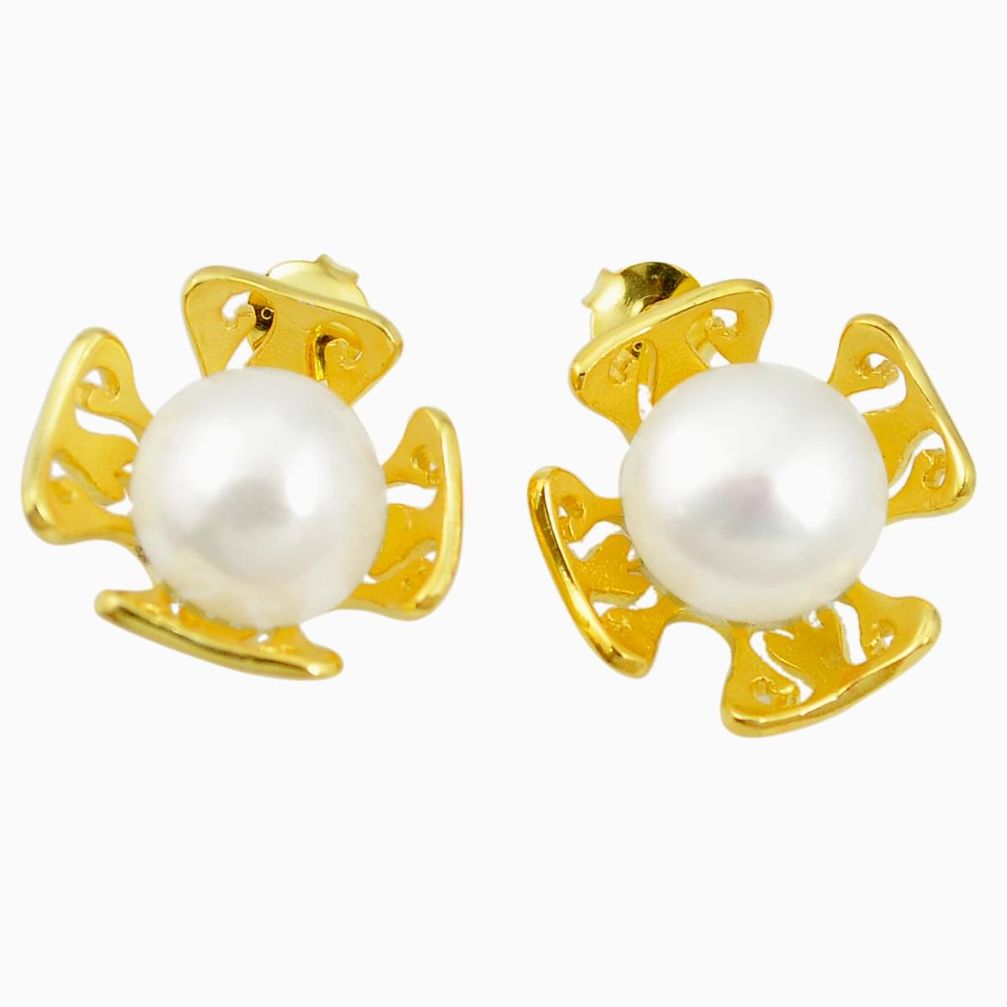 Natural white pearl 925 sterling silver 14k gold stud earrings a85498