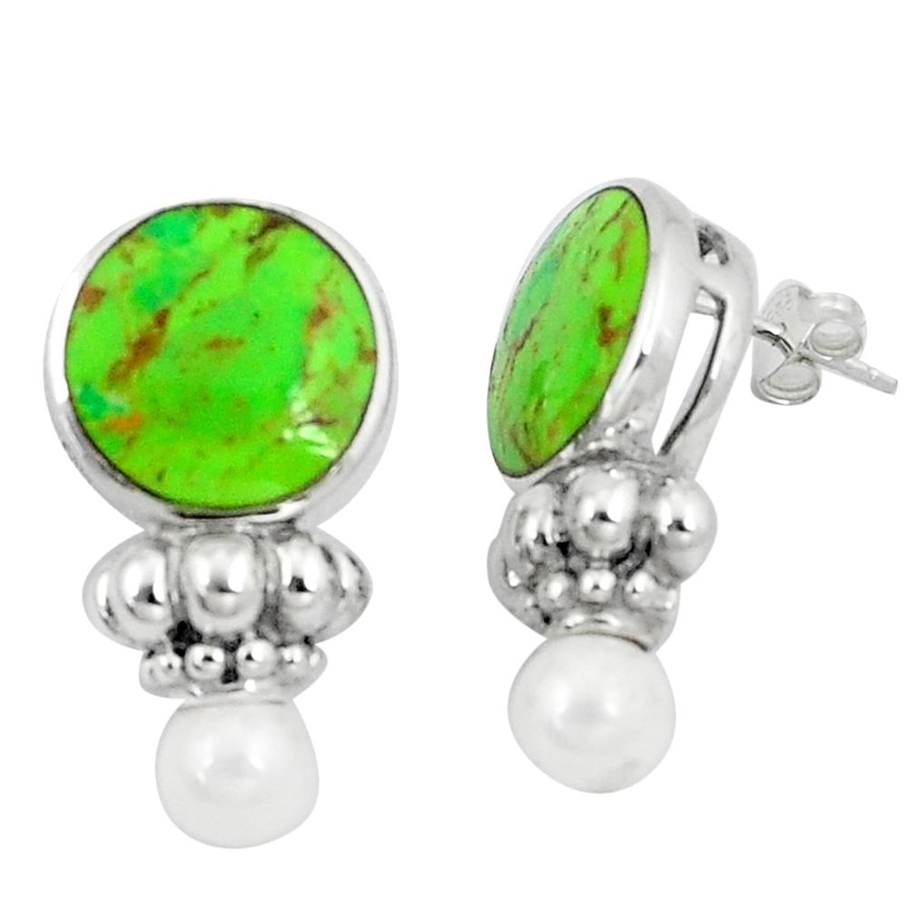 14.20cts green copper turquoise pearl 925 sterling silver earrings a89760