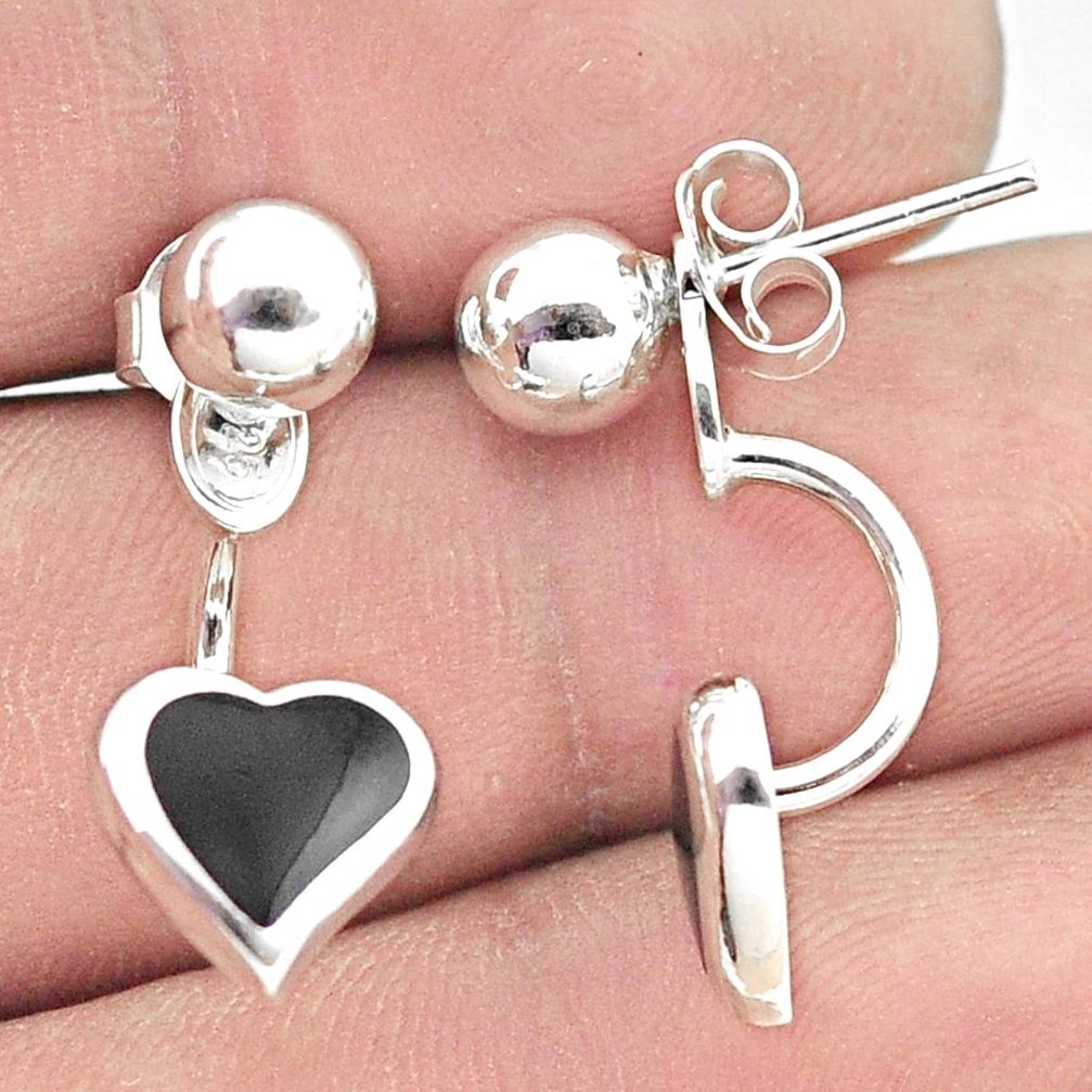 4.26gms black onyx enamel 925 sterling silver heart earrings jewelry a90732