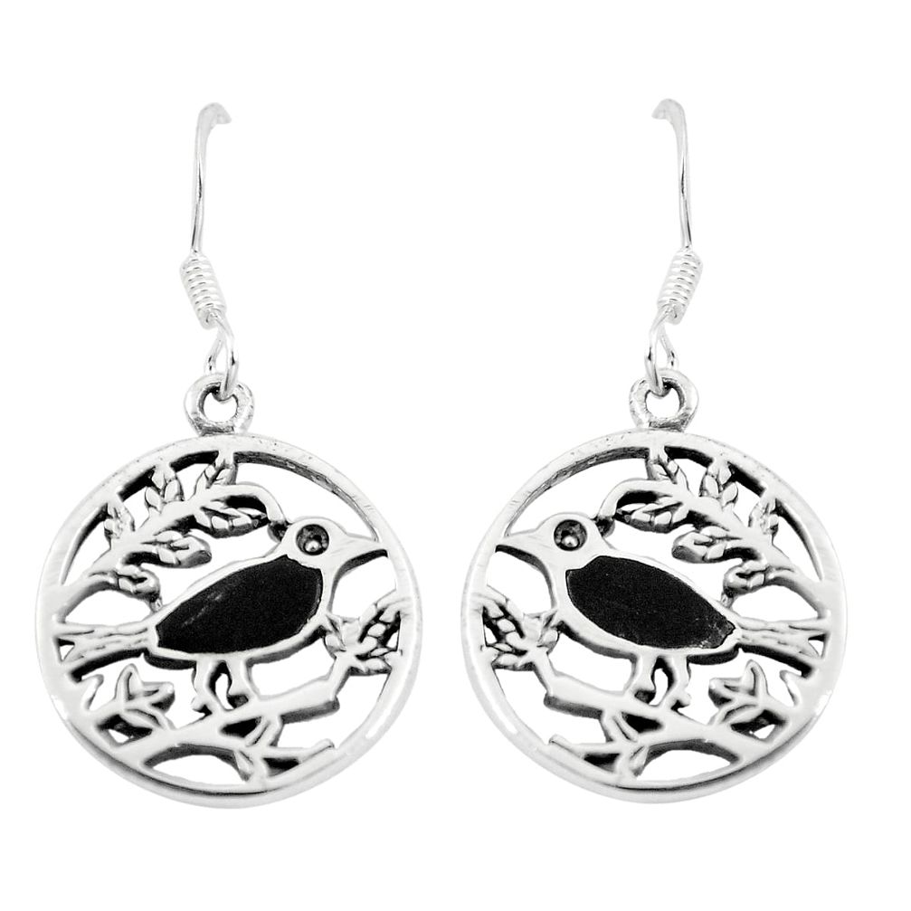 3.85gms black onyx enamel 925 sterling silver birds earrings jewelry a91923