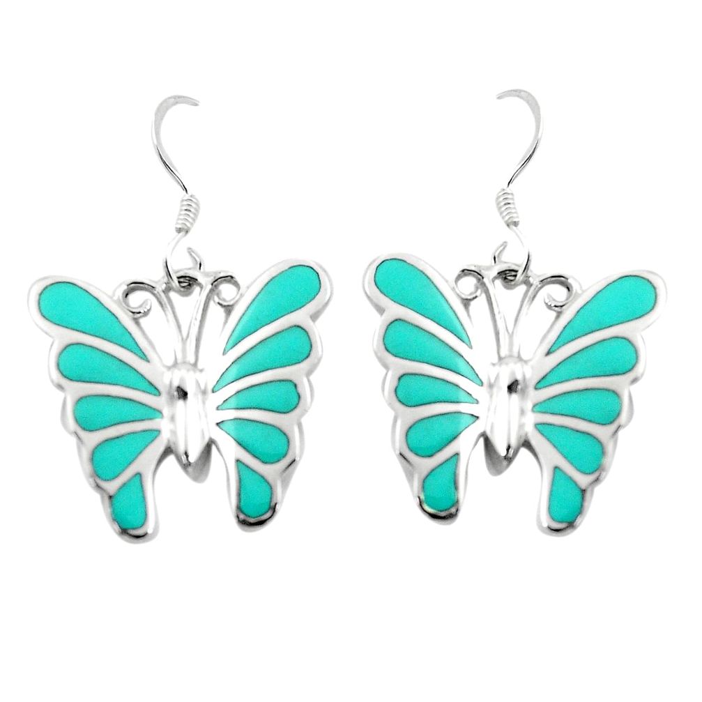 925 silver 6.69gms fine green turquoise enamel butterfly earrings jewelry a91932