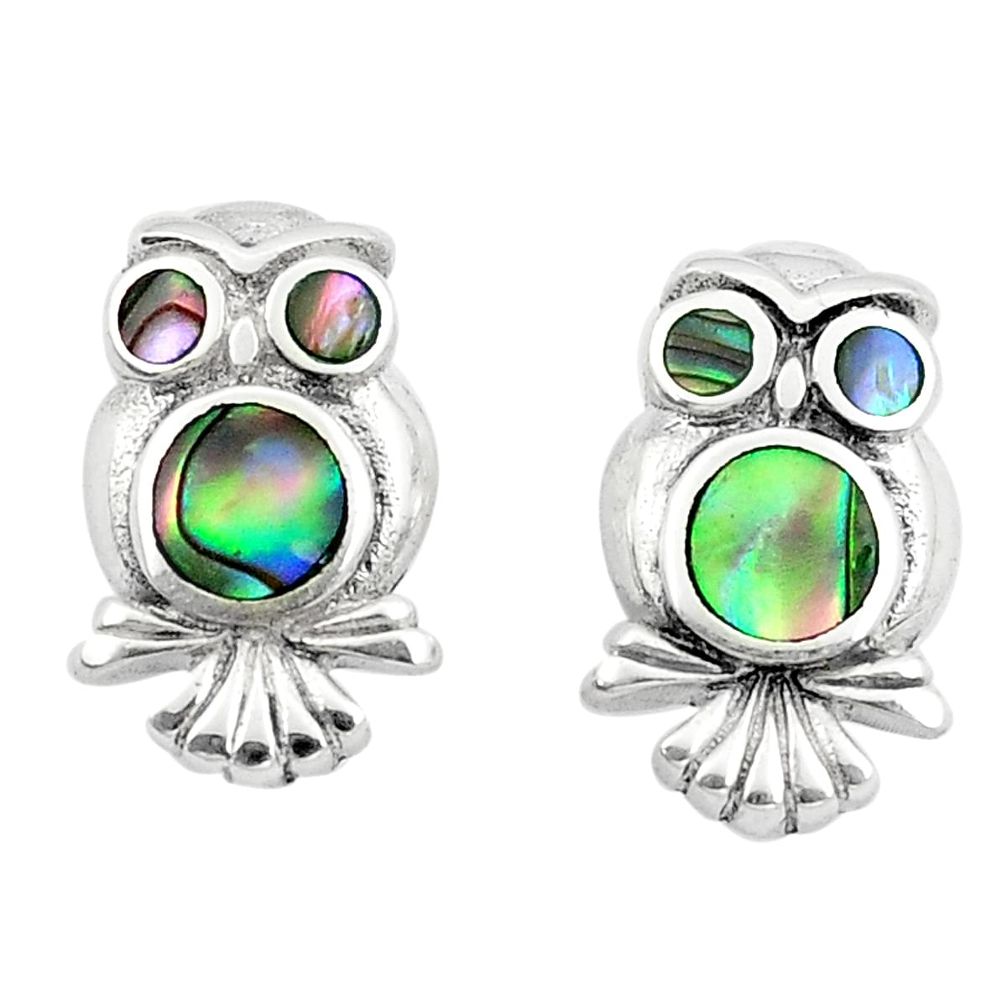 3.89gms green abalone paua seashell enamel 925 silver owl earrings a91937
