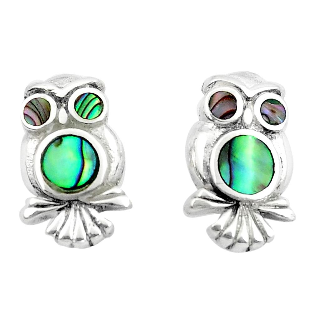 4.02gms green abalone paua seashell enamel 925 silver owl earrings a91939