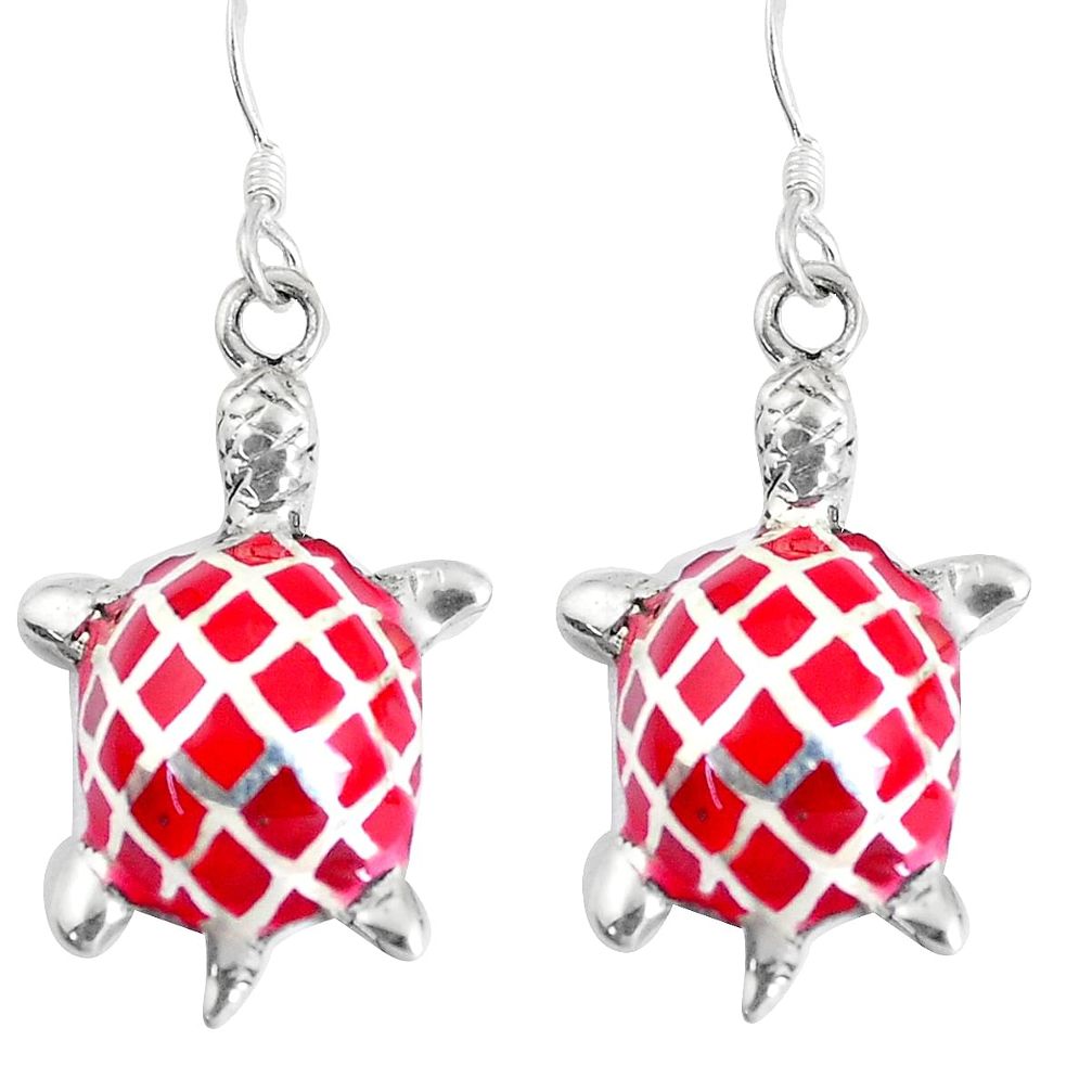 8.02gms red coral enamel 925 sterling silver tortoise earrings jewelry a93223