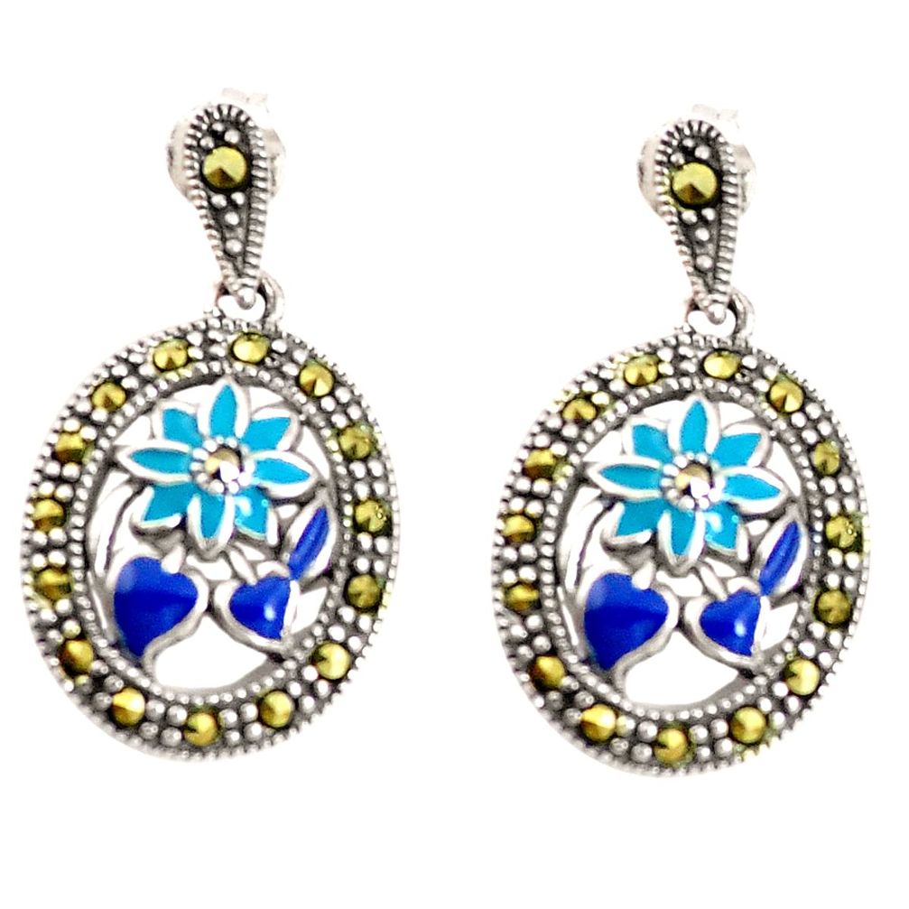 925 sterling silver 4.69gms swiss marcasite enamel flower earrings a94111