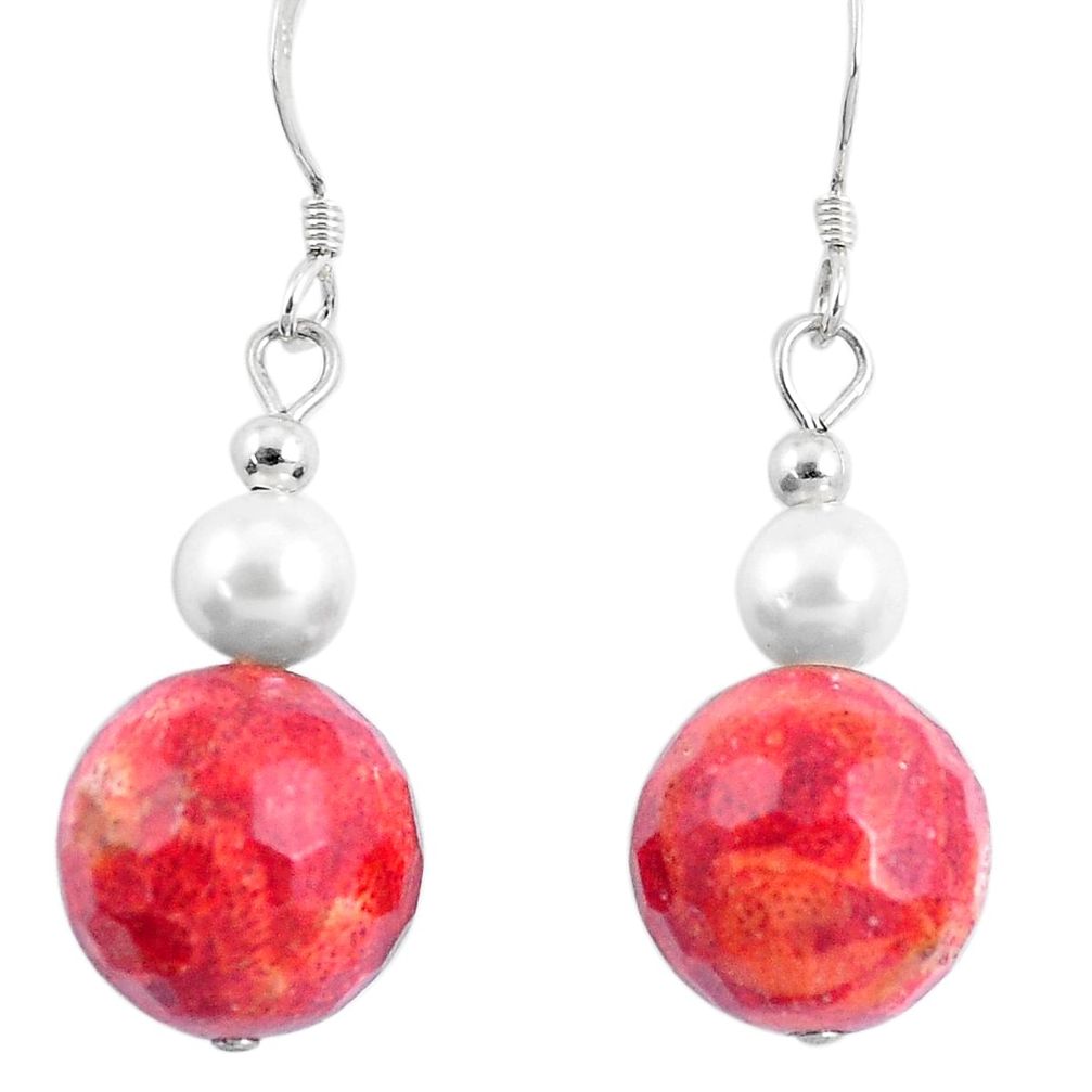 16.06cts natural red sponge coral pearl 925 silver dangle earrings a94841