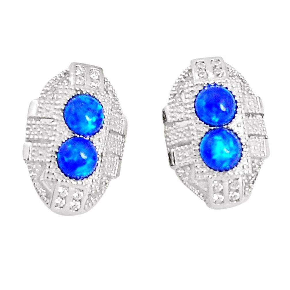 Art deco blue australian opal (lab) white topaz 925 silver stud earrings a96604