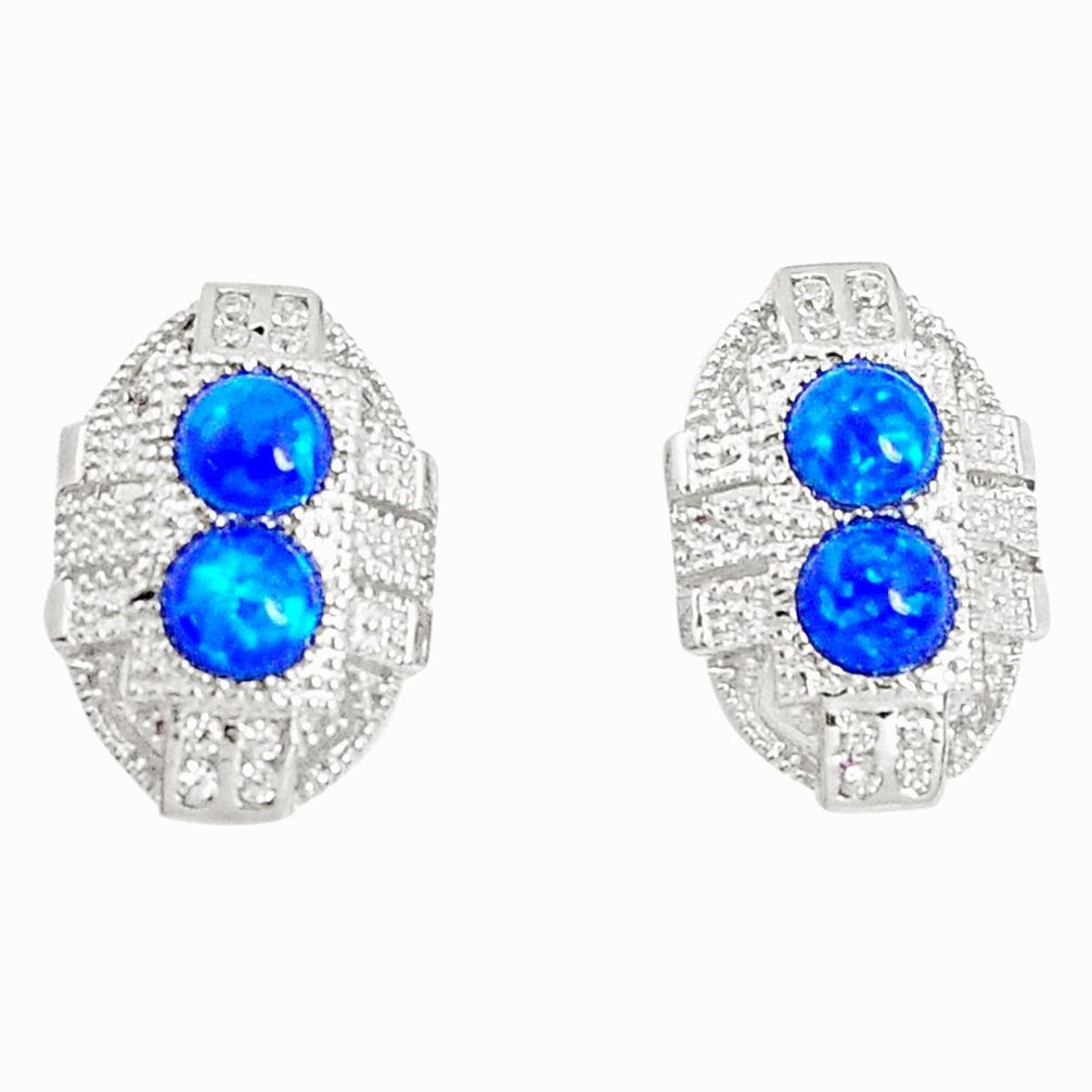 Art deco blue australian opal (lab) topaz 925 silver stud earrings a96609