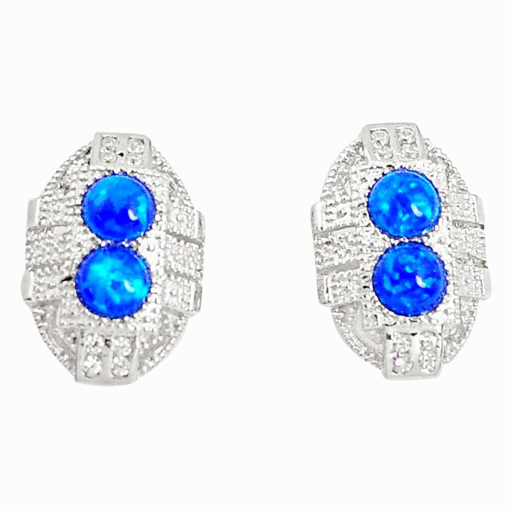 Art deco blue australian opal (lab) topaz 925 silver stud earrings a96610