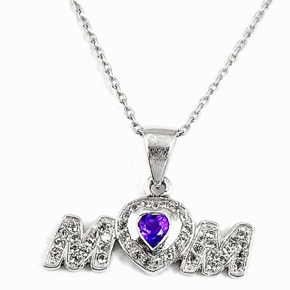 Natural purple amethyst topaz 925 silver mom symbol charm necklace a27294