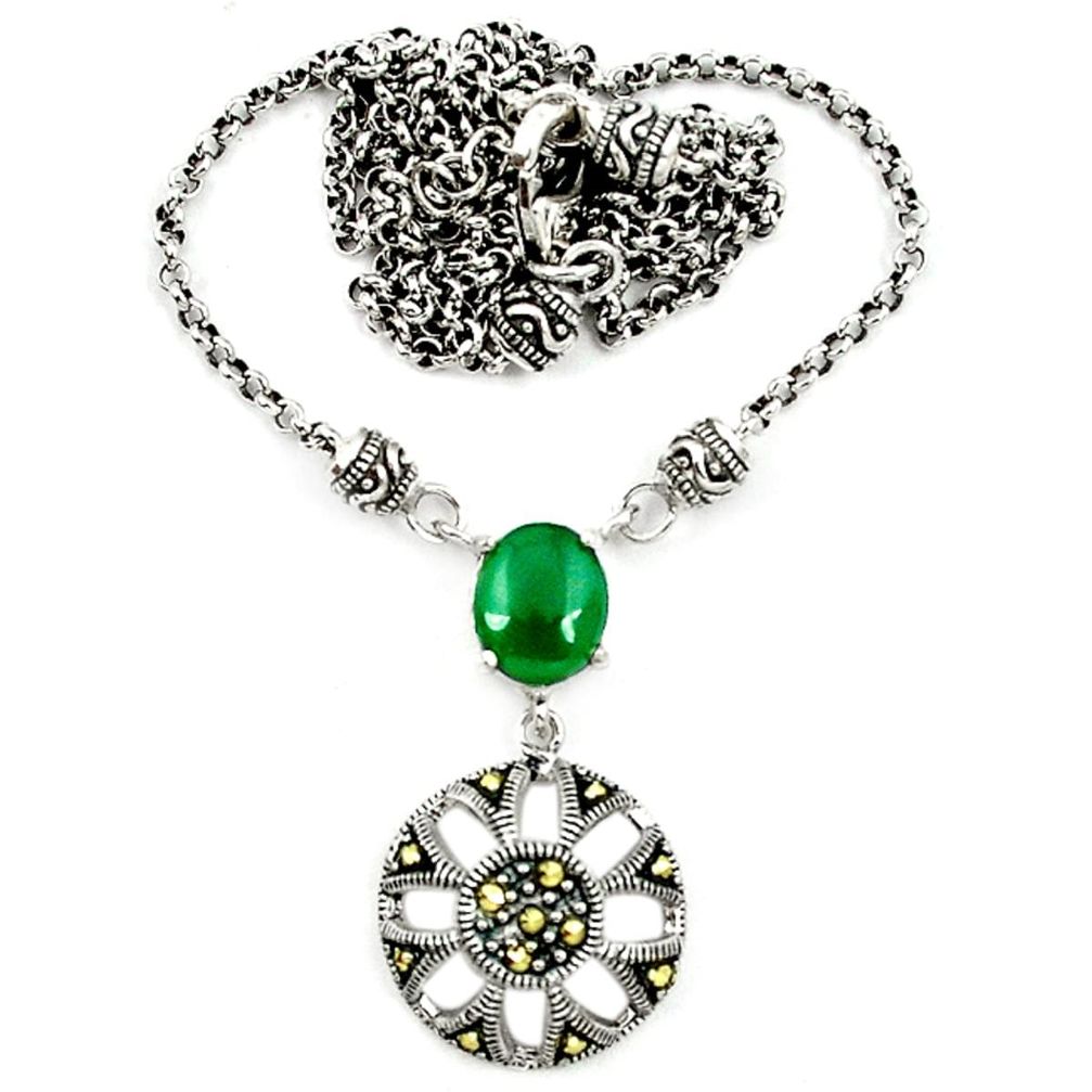 Natural green chalcedony marcasite 925 sterling silver necklace jewelry a64826