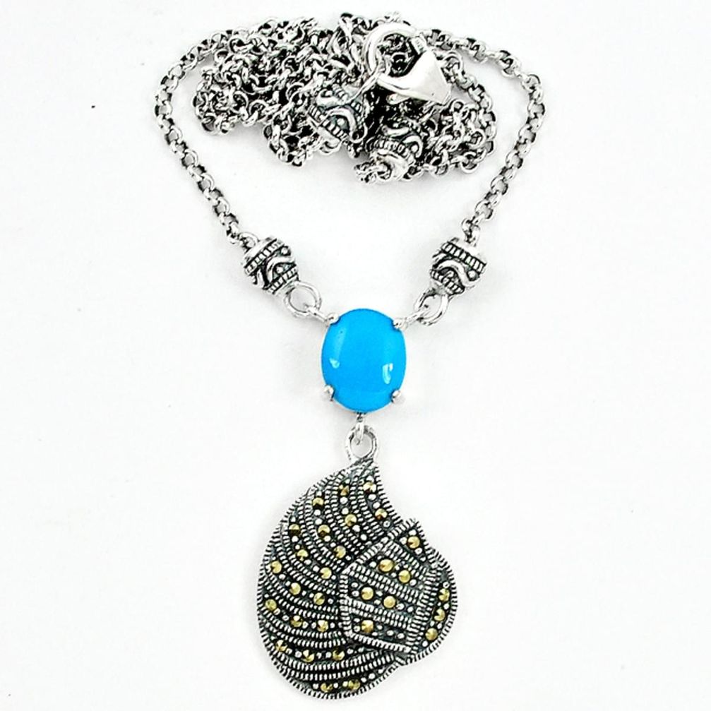 Blue sleeping beauty turquoise marcasite 925 silver necklace a64862