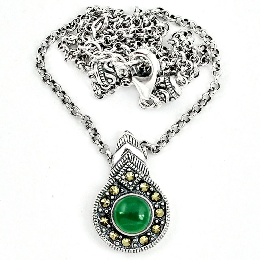 Natural green chalcedony marcasite 925 sterling silver necklace a64868