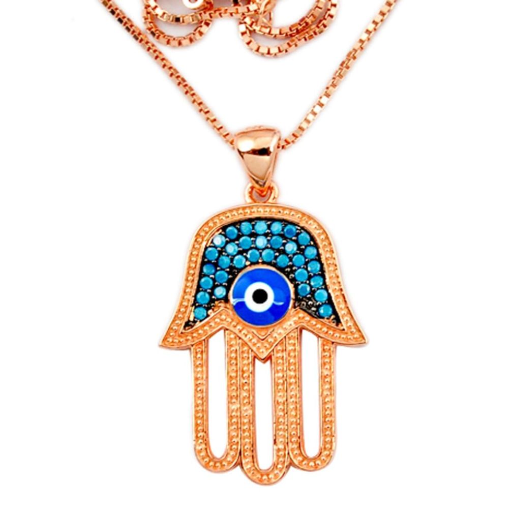 Blue evil eye talismans 925 silver rose gold hand of god hamsa necklace a66216