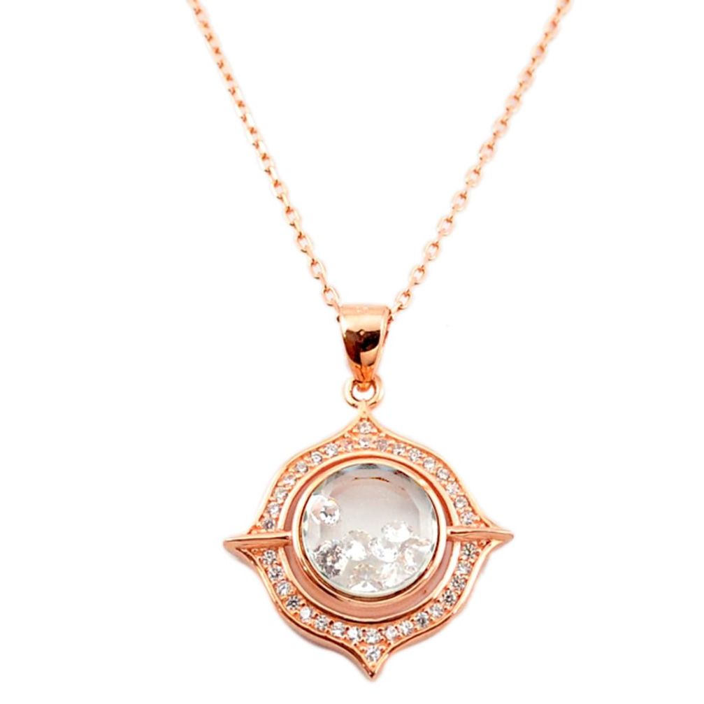 White cubic zirconia 925 silver 14k rose gold moving stone necklace a70287