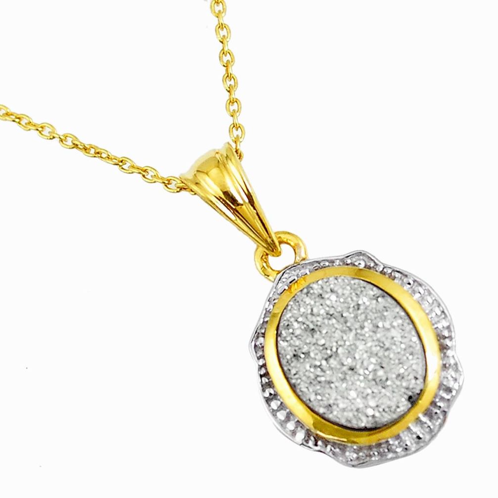 925 sterling silver 4.46cts silver druzy round 14k gold necklace jewelry a93183