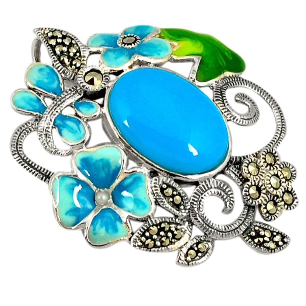 Blue beauty turquoise marcasite 925 silver butterfly flower pendant a15374