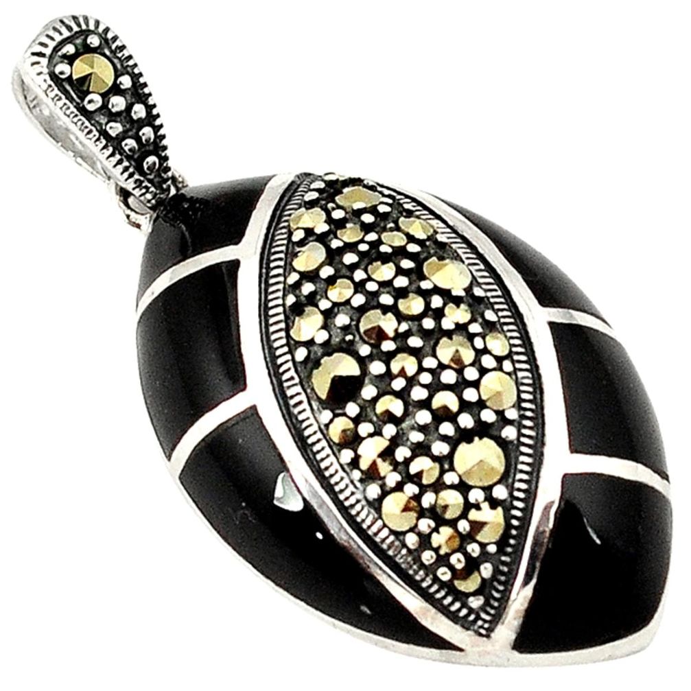 Art deco marcasite natural black onyx 925 sterling silver pendant jewelry a15488