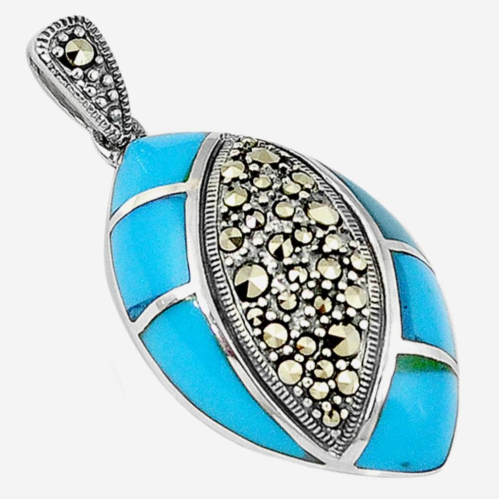 Blue sleeping beauty turquoise marcasite 925 sterling silver pendant a16250