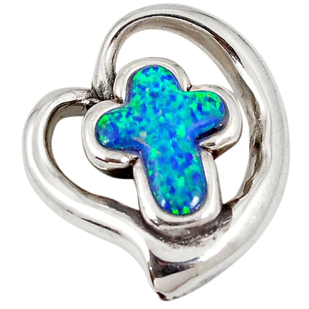 Holy cross blue australian opal (lab) 925 sterling silver pendant jewelry a16986