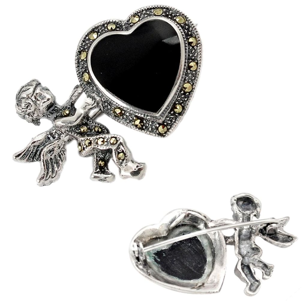 Fine marcasite natural black onyx 925 silver cupid angel wings pendant a18789
