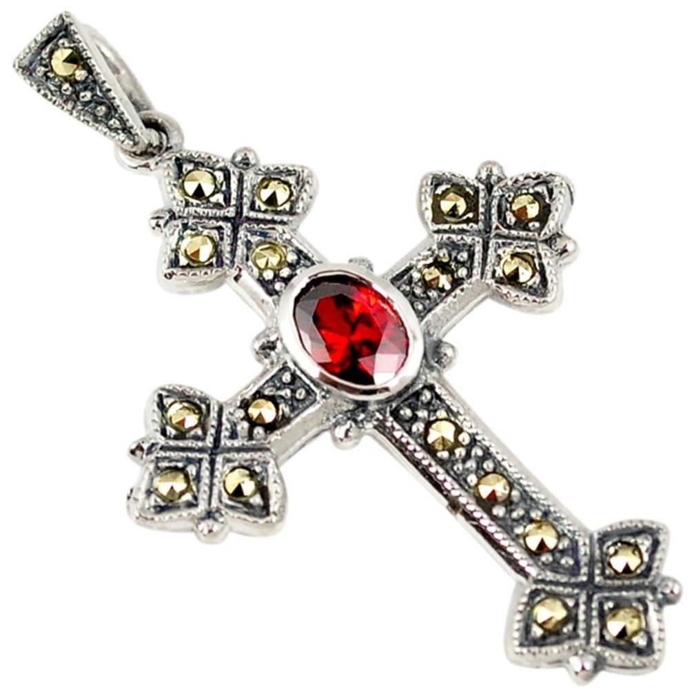Red garnet quartz marcasite 925 sterling silver holy cross pendant a18833