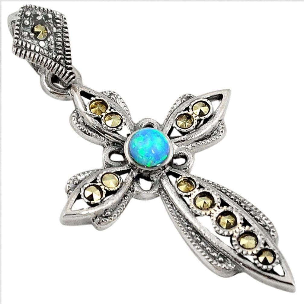 Blue australian opal (lab) marcasite 925 silver holy cross pendant a22127