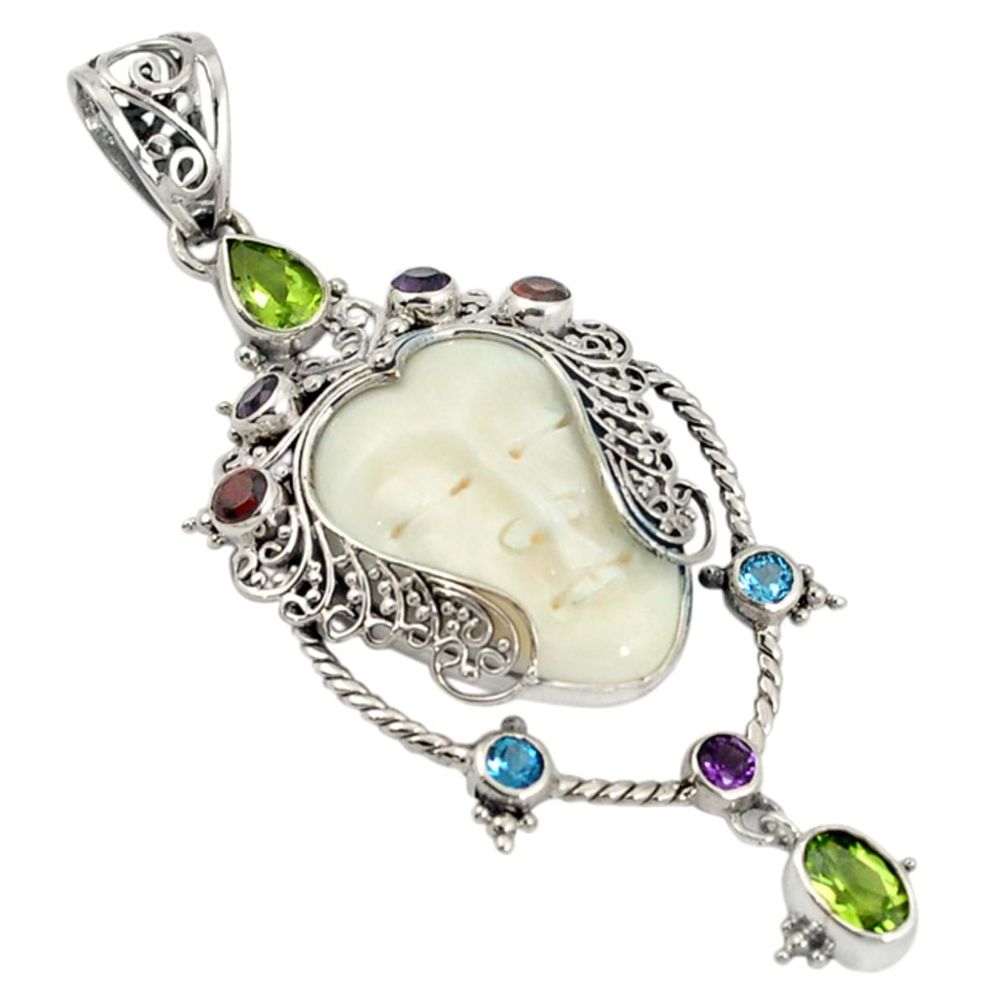 White coral carved men face multi gemstone 925 sterling silver pendant a22351