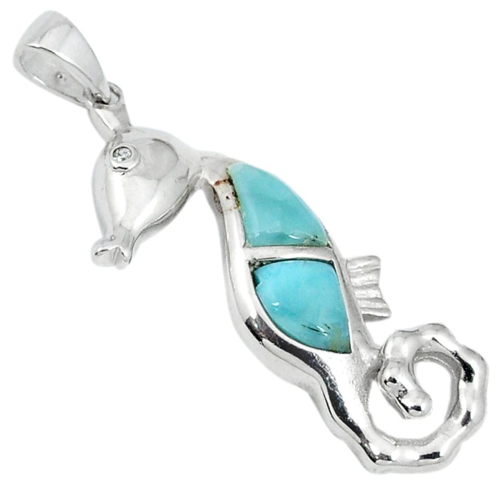 925 sterling silver natural blue larimar white topaz seahorse pendant a22788