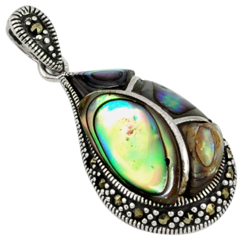 7.34cts natural green abalone paua seashell marcasite 925 silver pendant a25602