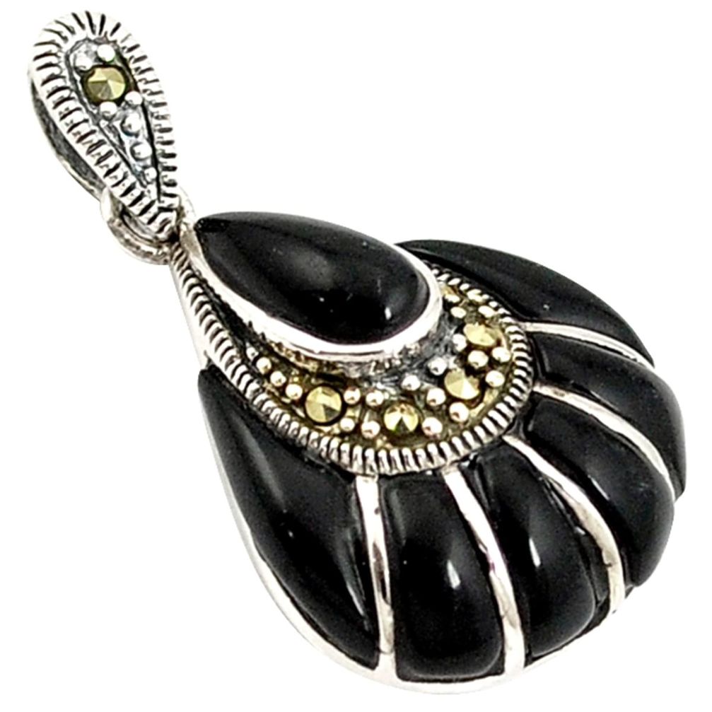 7.42cts natural black onyx marcasite 925 sterling silver pendant jewelry a25606