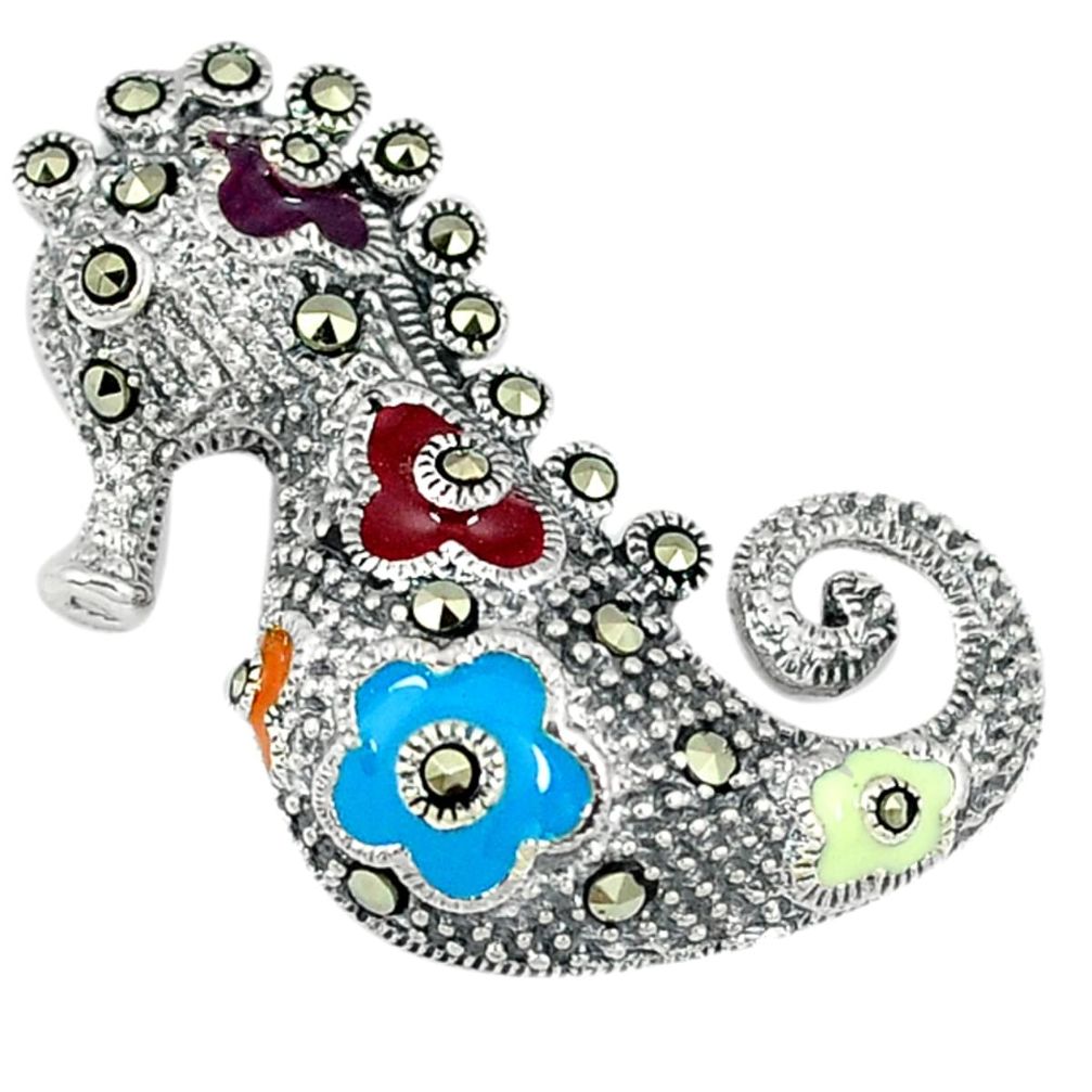 Fine marcasite enamel 925 sterling silver seahorse pendant jewelry a29155