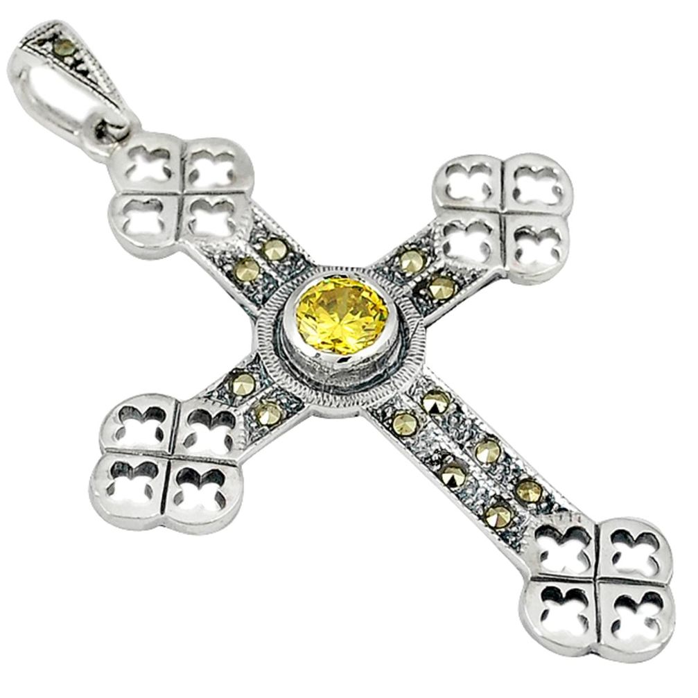 Natural lemon topaz marcasite 925 silver holy cross pendant jewelry a29610
