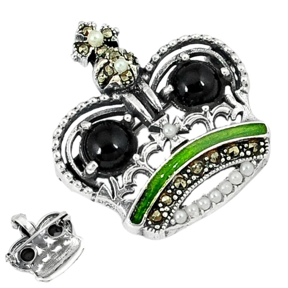 Natural black onyx marcasite enamel 925 silver crown brooch pendant a29619