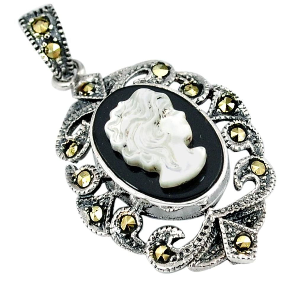 Natural blister pearl carved lady cameo 925 sterling silver pendant a29629