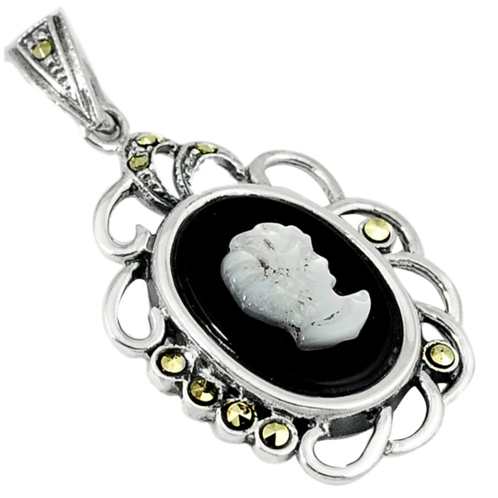 Natural blister pearl marcasite carved lady cameo 925 silver pendant a29802