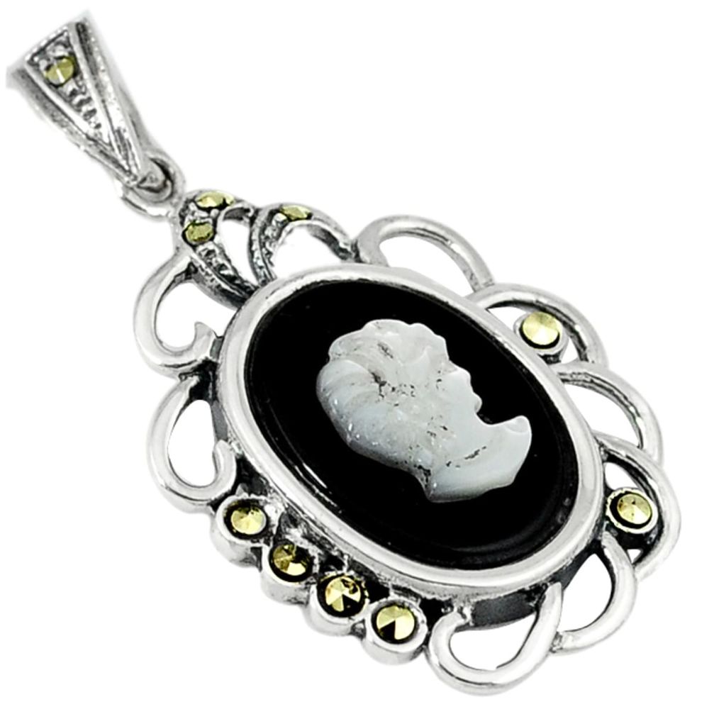 Natural blister pearl marcasite carved lady cameo 925 silver pendant a29803