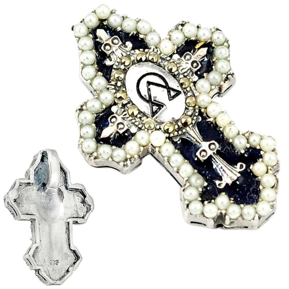 Natural white pearl marcasite 925 sterling silver holy cross pendant a29820